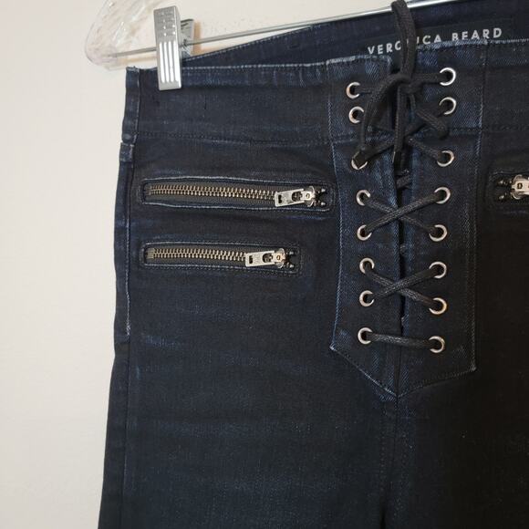 Veronica Beard Jeans Denim Sz 27 Lita 10" Moto Lace Up Made in USA Skinny Dark - Picture 6 of 13